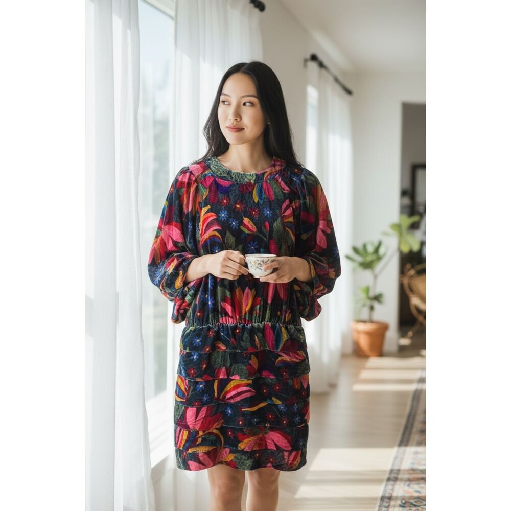 Farm Rio Multicolor Floral Print Velvet Ruched Mini Dress Small